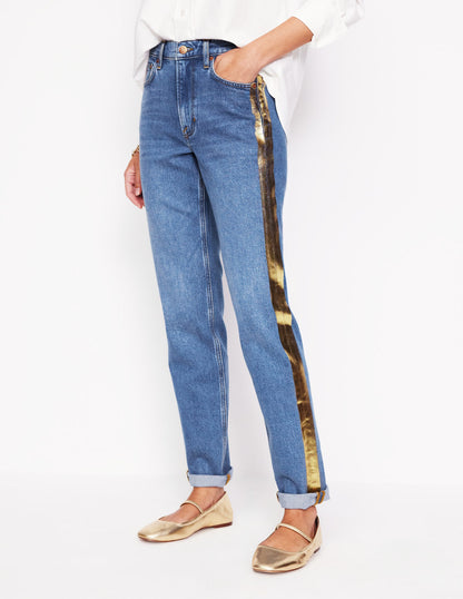 Girlfriend Jeans-Metallic Gold Side Stripe