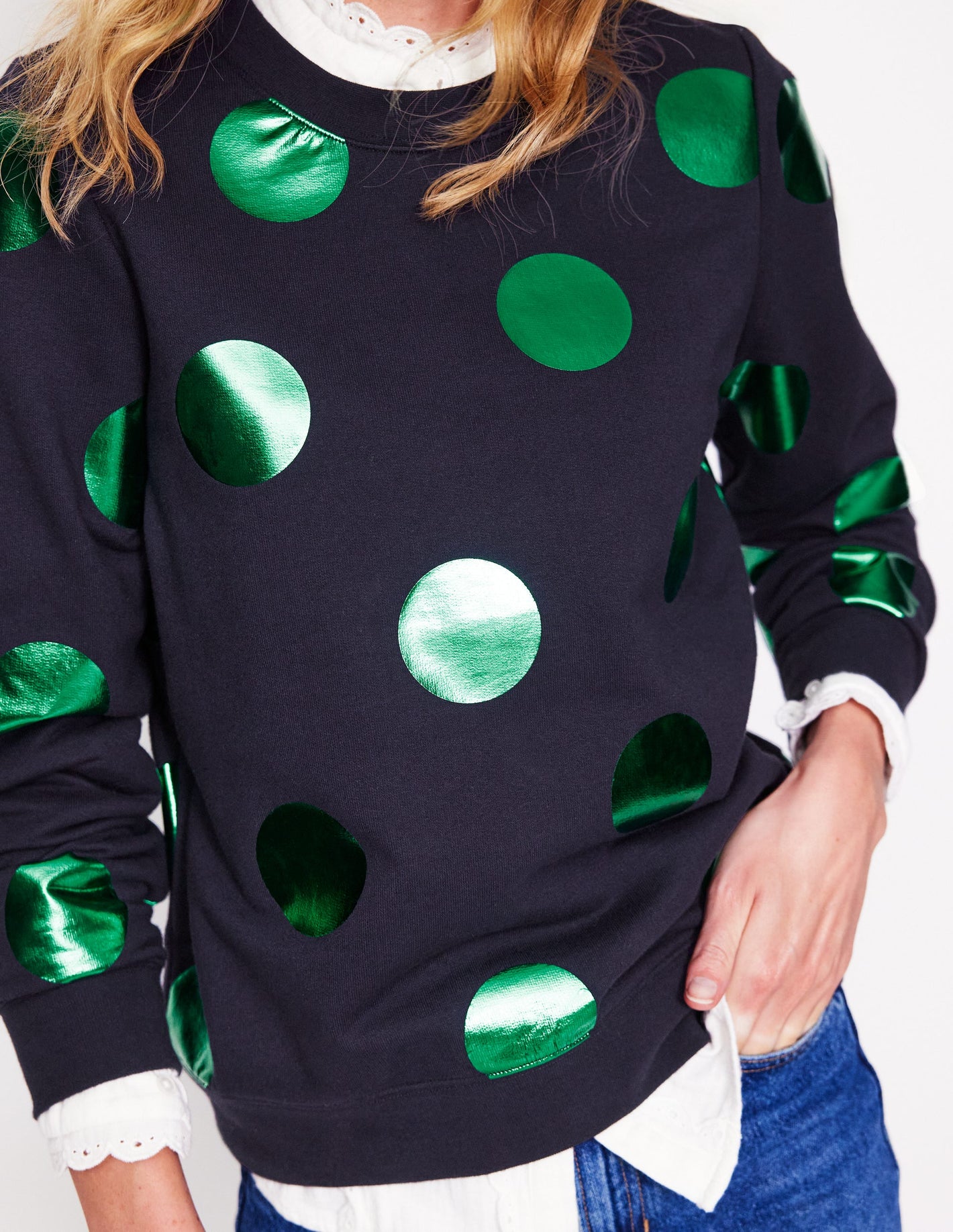 Hannah Printed Sweatshirt-Navy, Green Spot