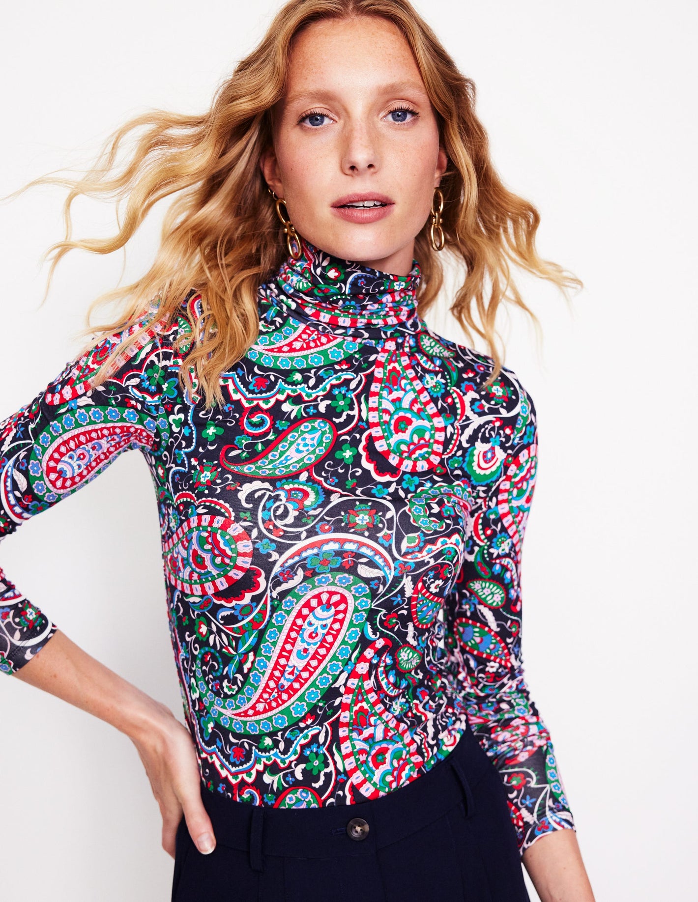 Polly Jersey Top-Navy, Paisley Paradise