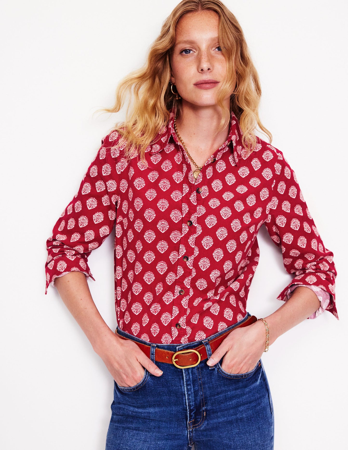 Sienna Cord Shirt-Rythmic Red, Ornate Stamp