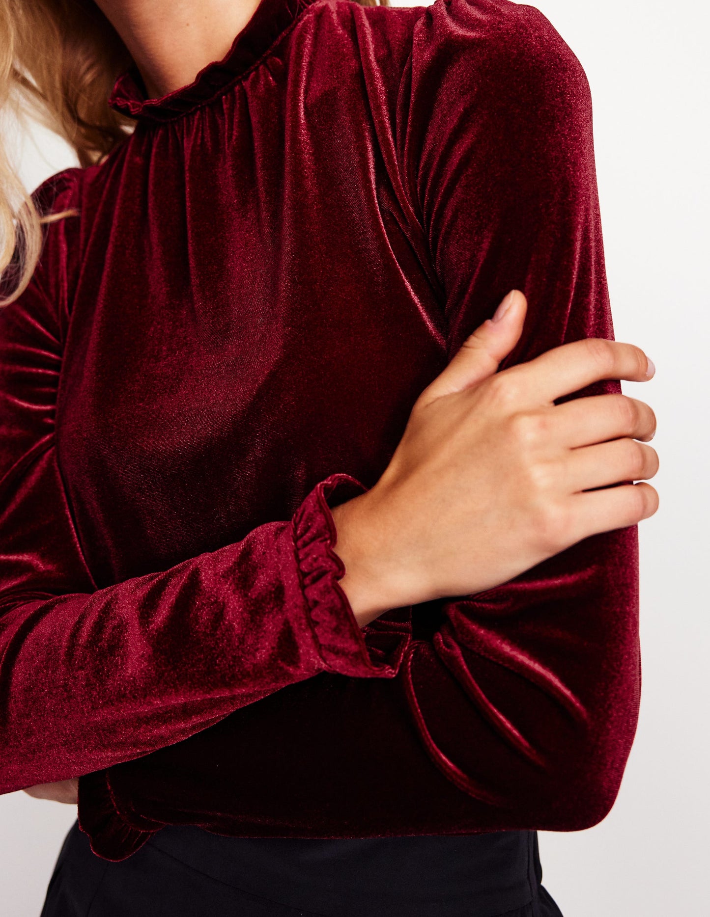 Velvet Frill Neck Top-Cabernet