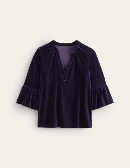 Notch Neck Frill Velvet Top-Navy