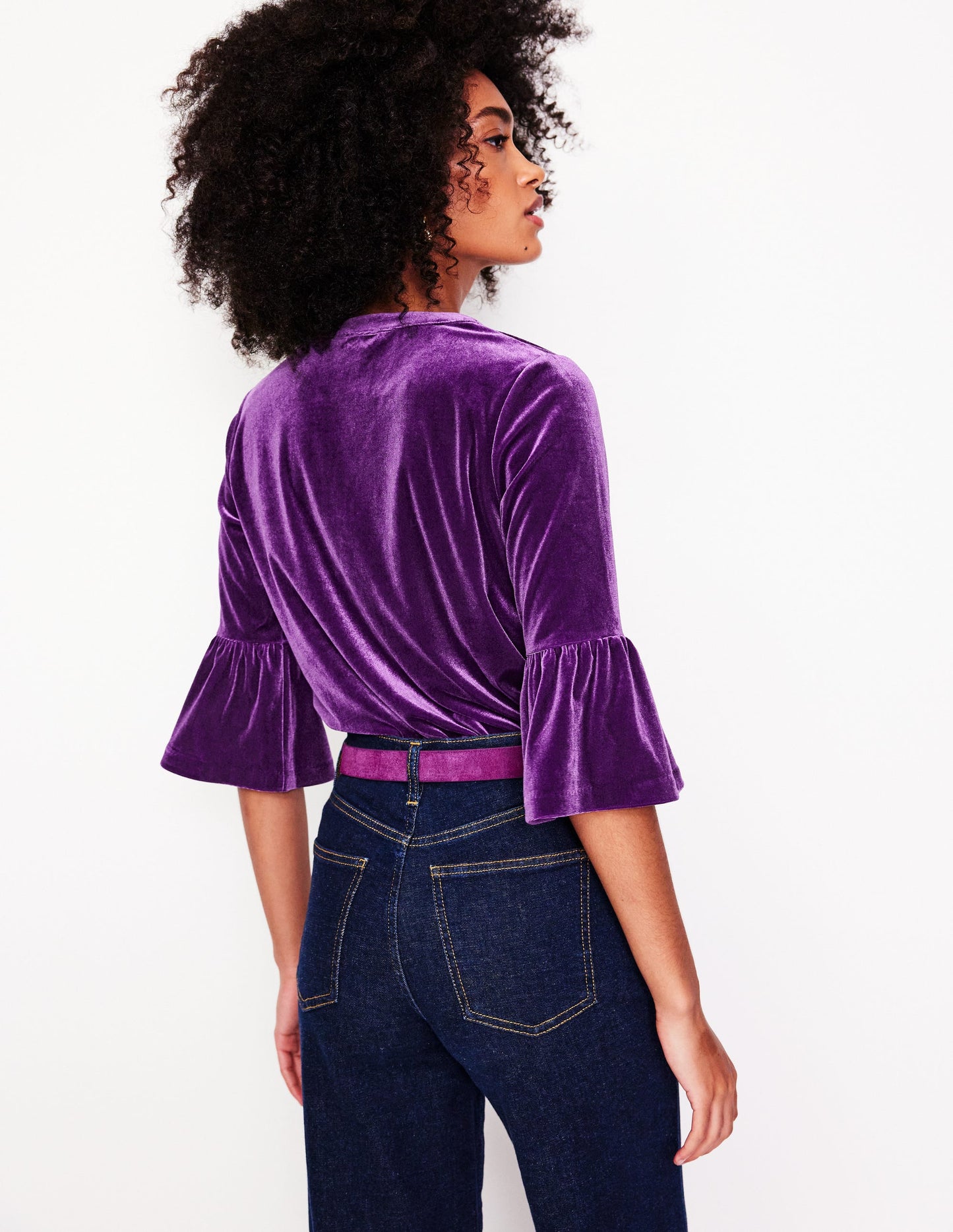 Notch Neck Frill Velvet Top-Viola