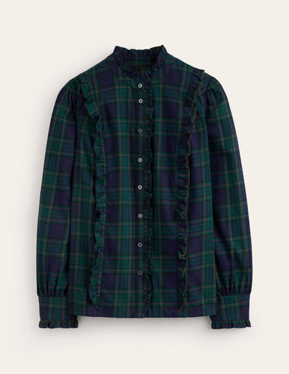 Isla Frill Detail Blouse-Navy and Green Check