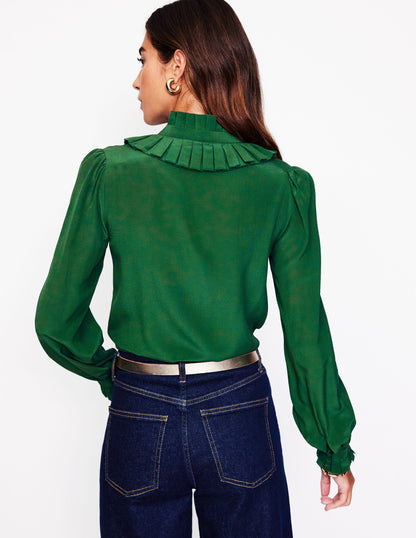 Ruffle Collar Silk Blouse-Pine