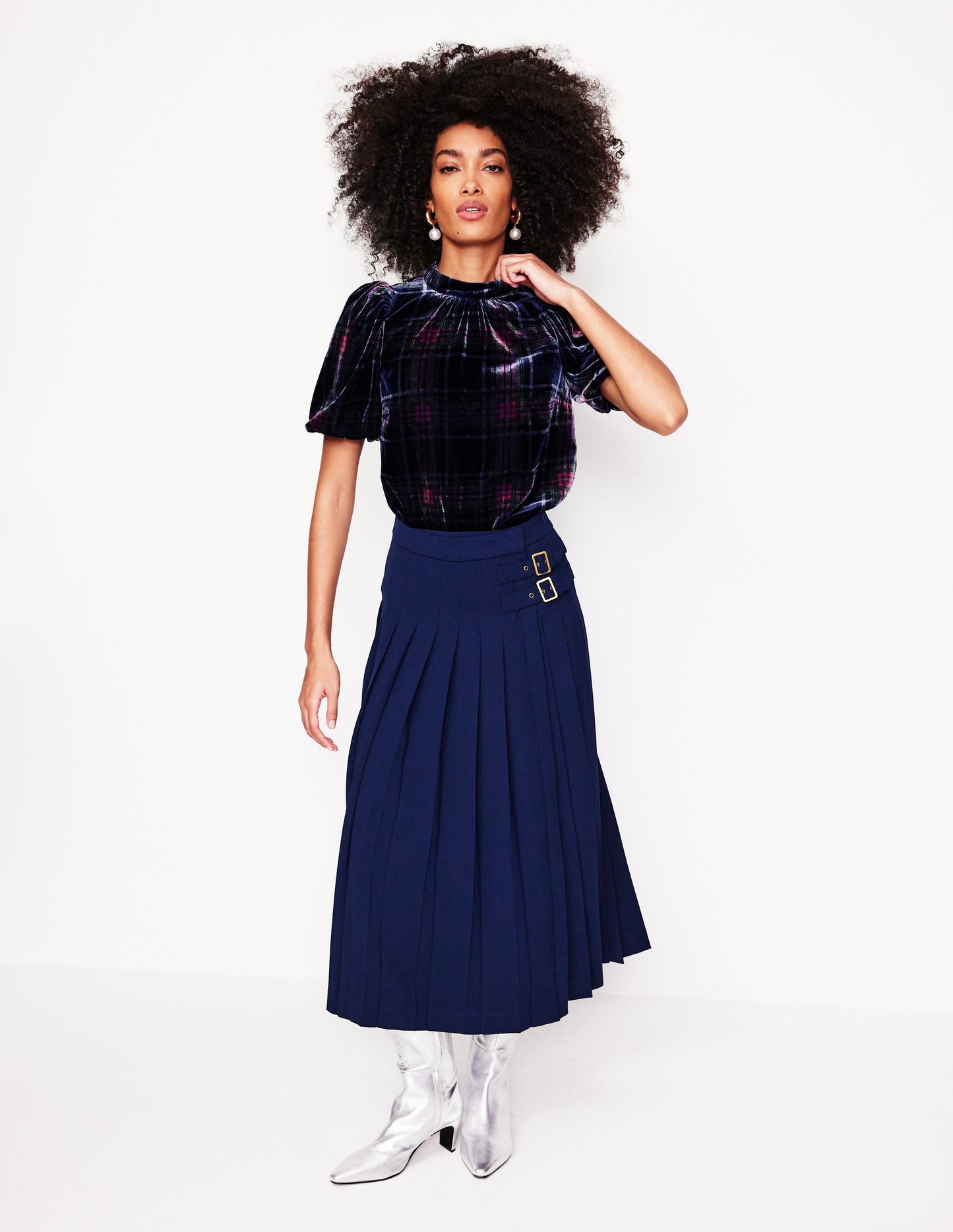 Puff Sleeve Velvet Top-Navy and Red Check