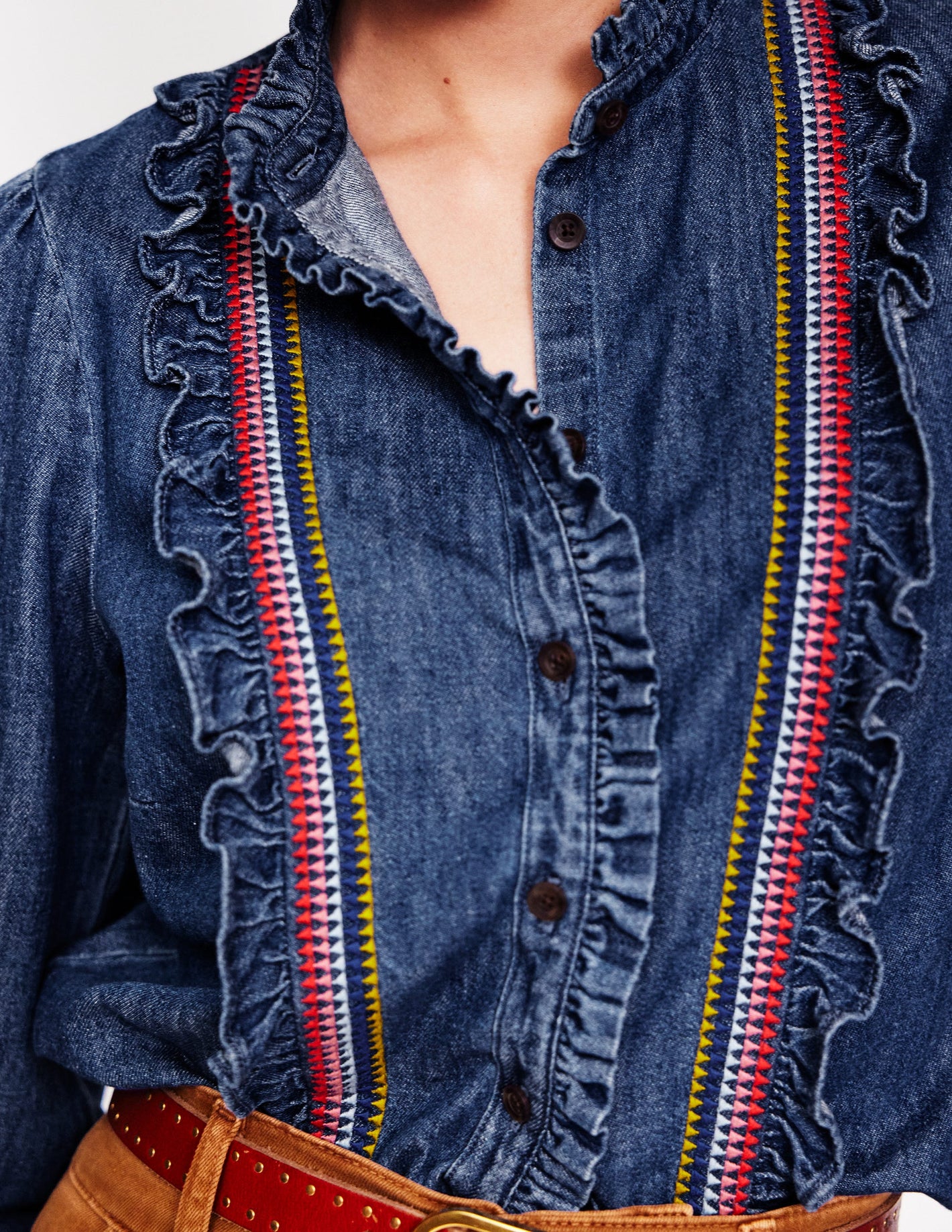 Isla Denim Frill Detail Blouse-Embroidered Denim