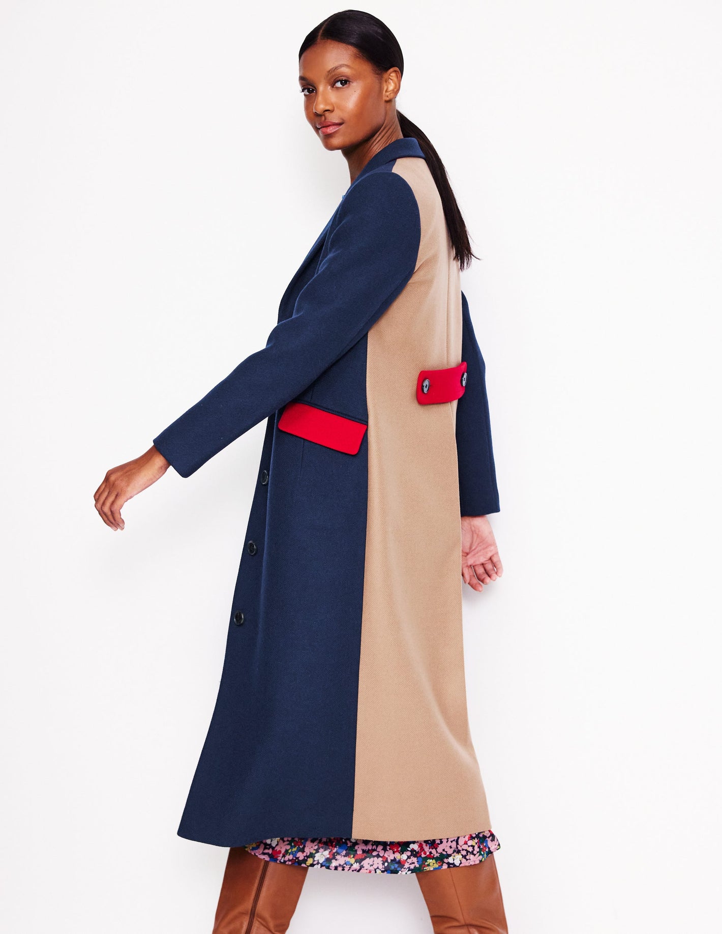 Colorblock Midi Coat-Navy, Multi