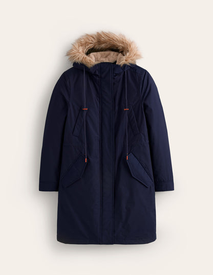 Faux-Fur Hood Parka-Navy