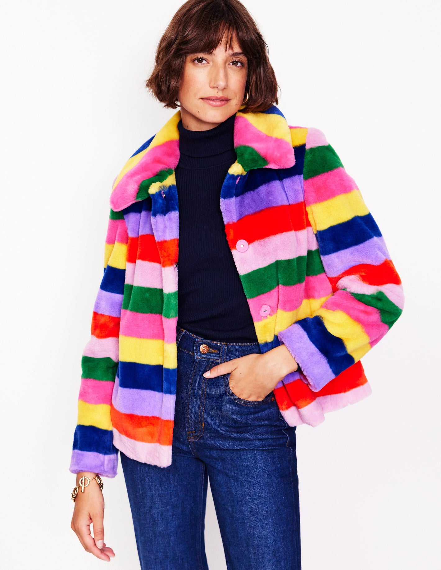 Stripe Faux-Fur Coat-Rainbow Stripe