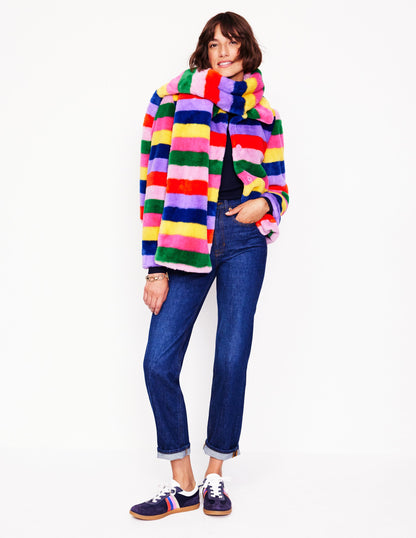 Stripe Faux-Fur Coat-Rainbow Stripe