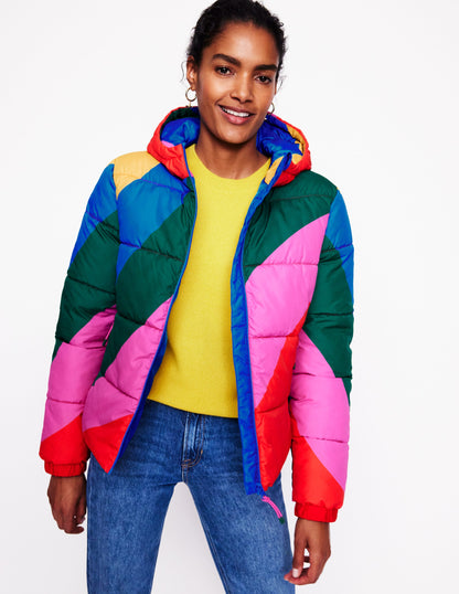 Hooded Puffer Coat-Rainbow Wave