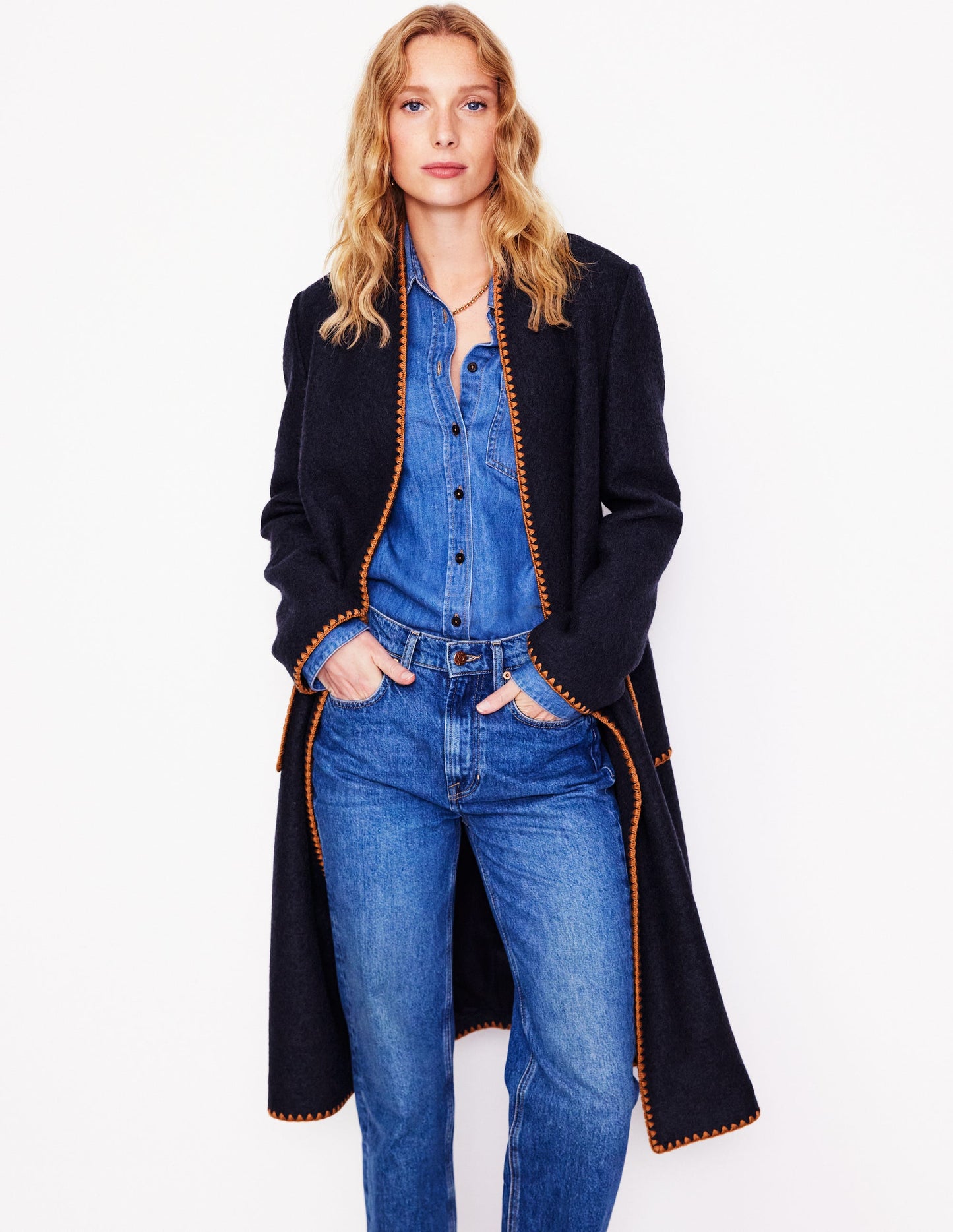 Blanket Stitch Wrap Coat-Navy