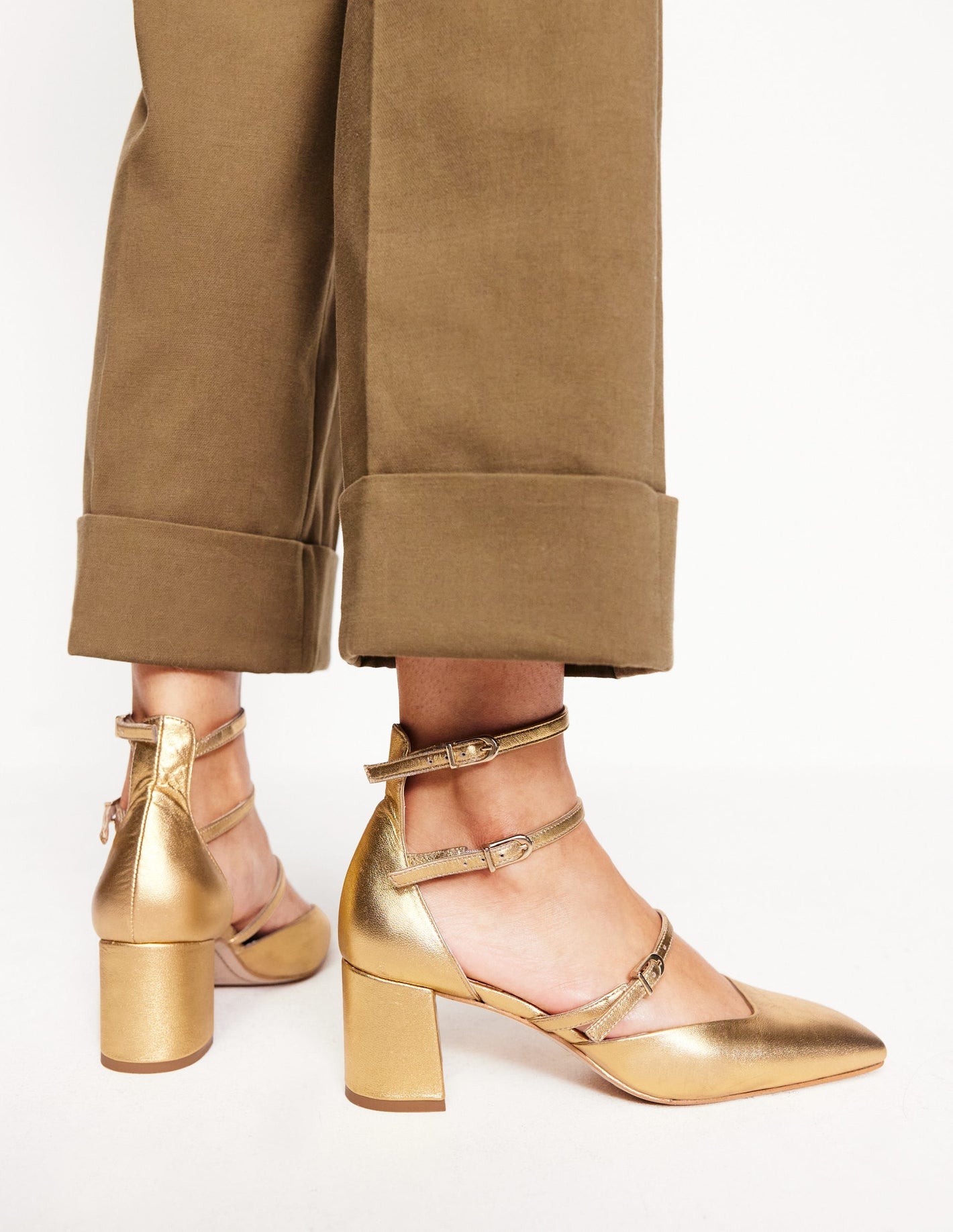 Multi Strap Block Heel Pump-Gold