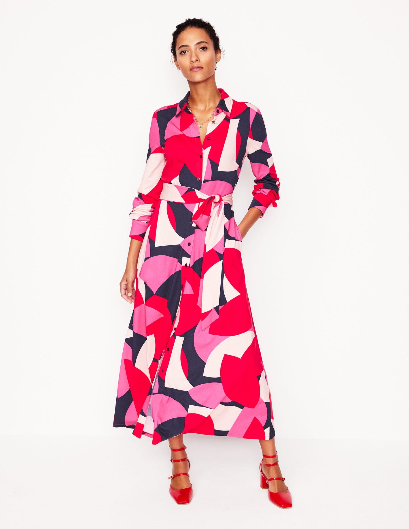 Marcia Jersey Midi Shirt Dress-Poppy Red, Geometric Shuffle