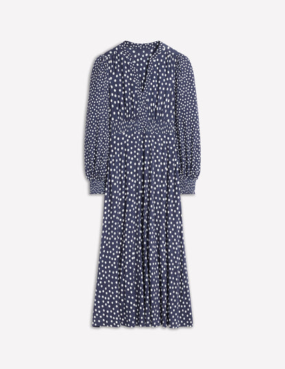 Ivy Smocked Midi Dress-College Navy, Abstract Dot