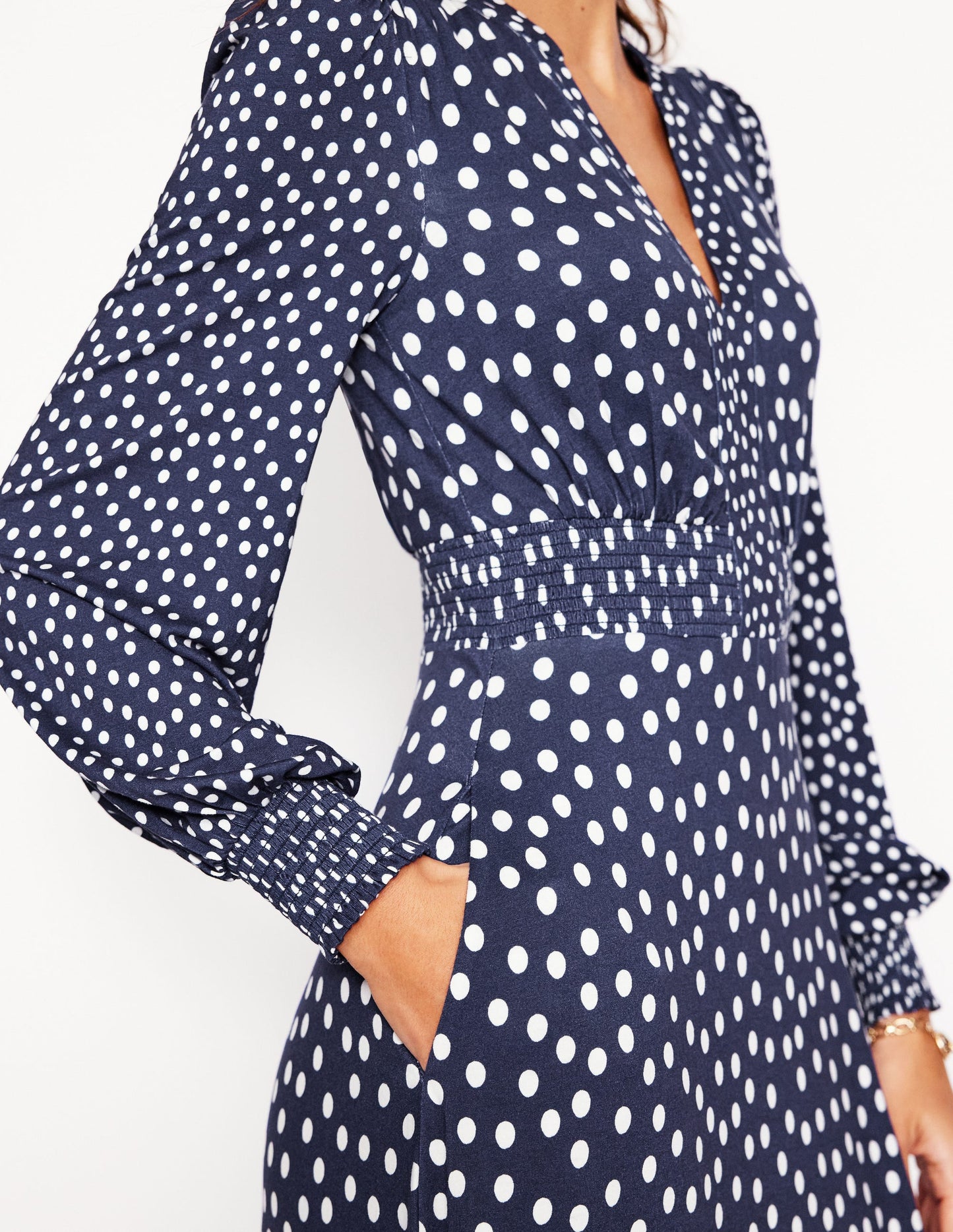 Ivy Smocked Midi Dress-College Navy, Abstract Dot