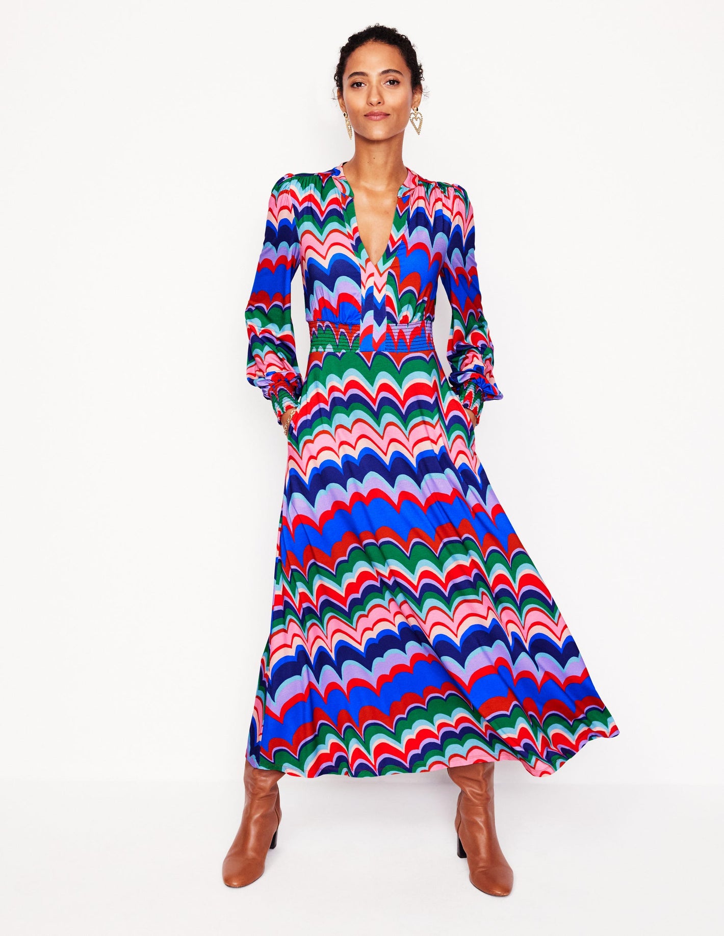 Ivy Smocked Midi Dress-Multi, Abstract Wave