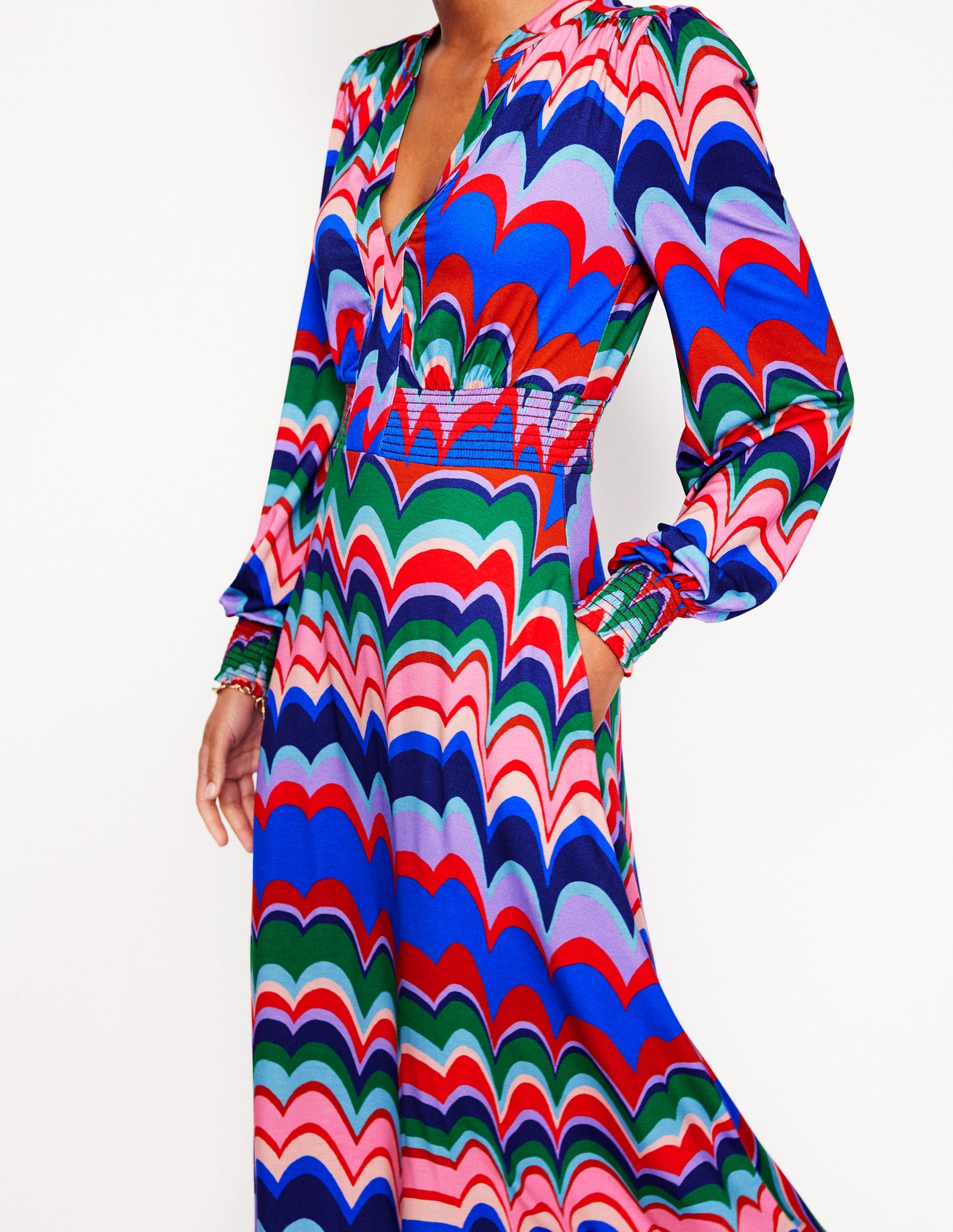 Ivy Smocked Midi Dress-Multi, Abstract Wave