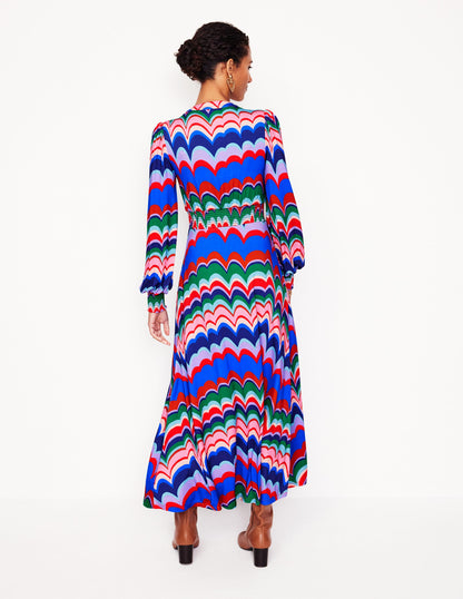 Ivy Smocked Midi Dress-Multi, Abstract Wave