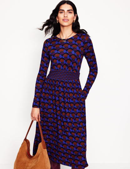 Thea Long Sleeve Jersey Dress-Damson, Poppy Stamp