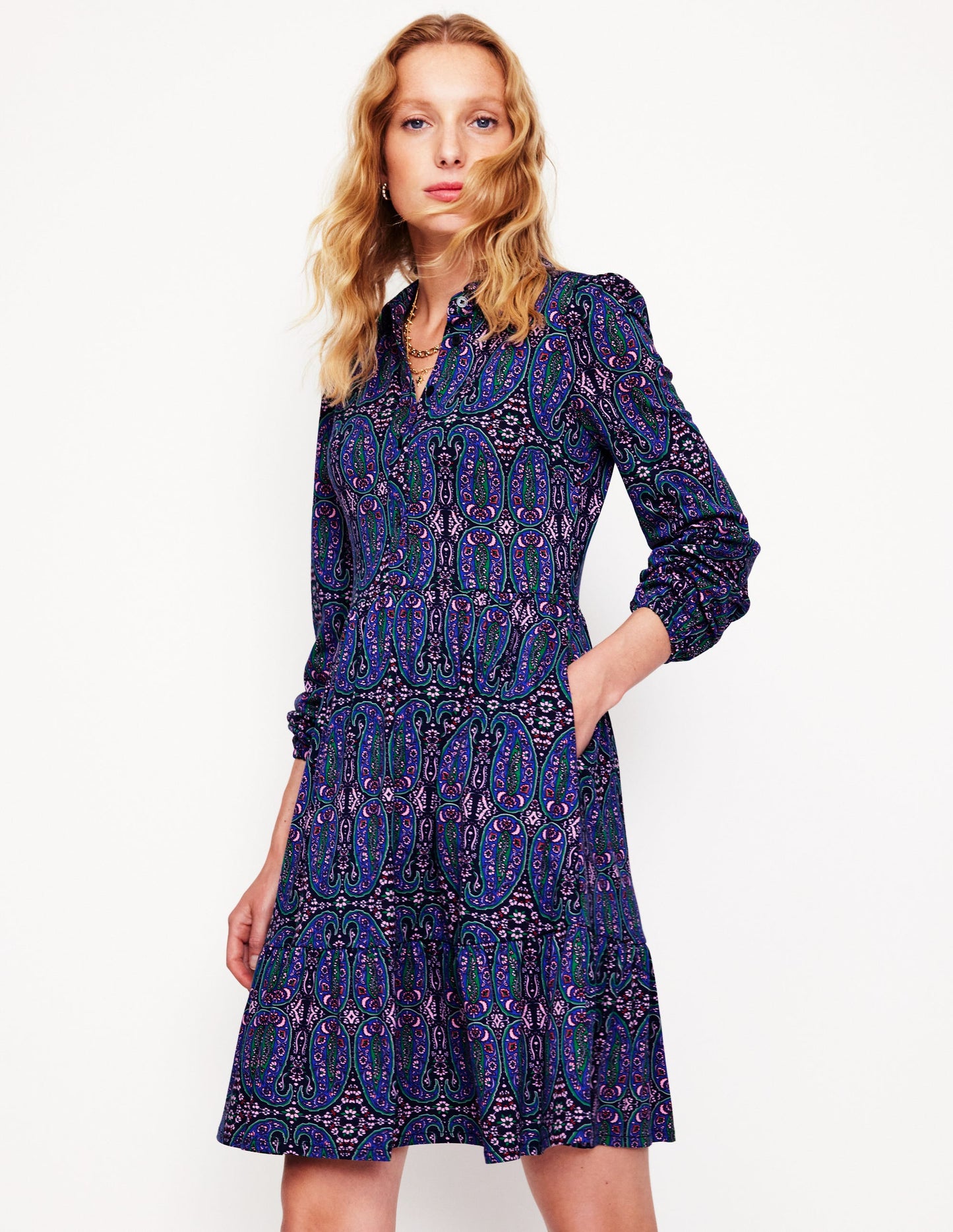 Tiered Jersey Shirt Dress-Navy, Paisley Bud Variation