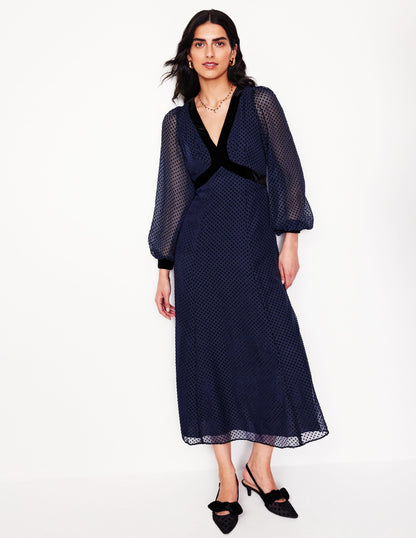 Devore Maxi Tea Dress-Navy, Devore Spot