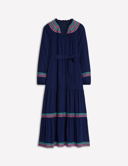 Embroidered Yoke Midi Dress-Navy