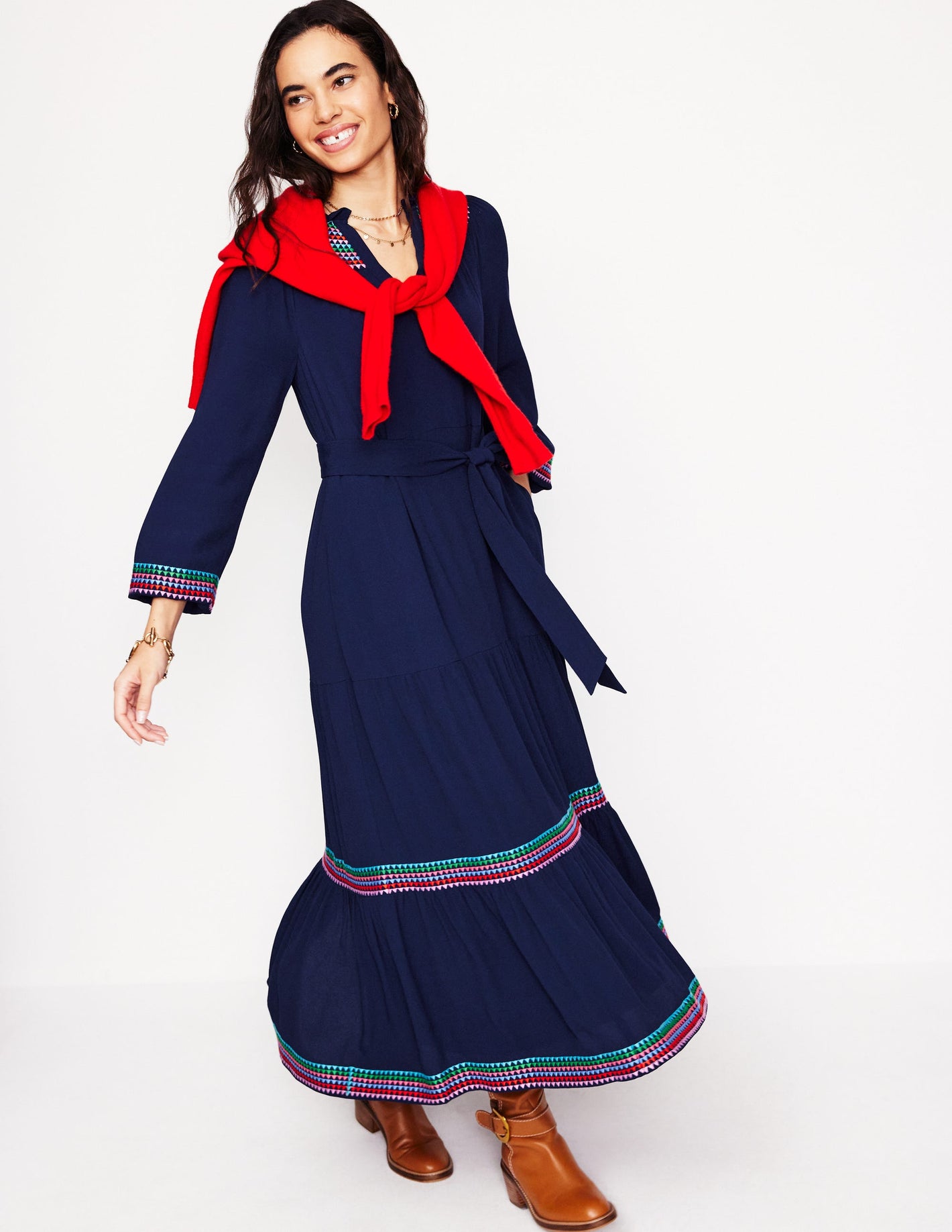 Embroidered Yoke Midi Dress-Navy