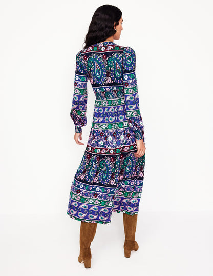 Ivy Border Print Midi Dress-Rich Blue, Paisley Medley