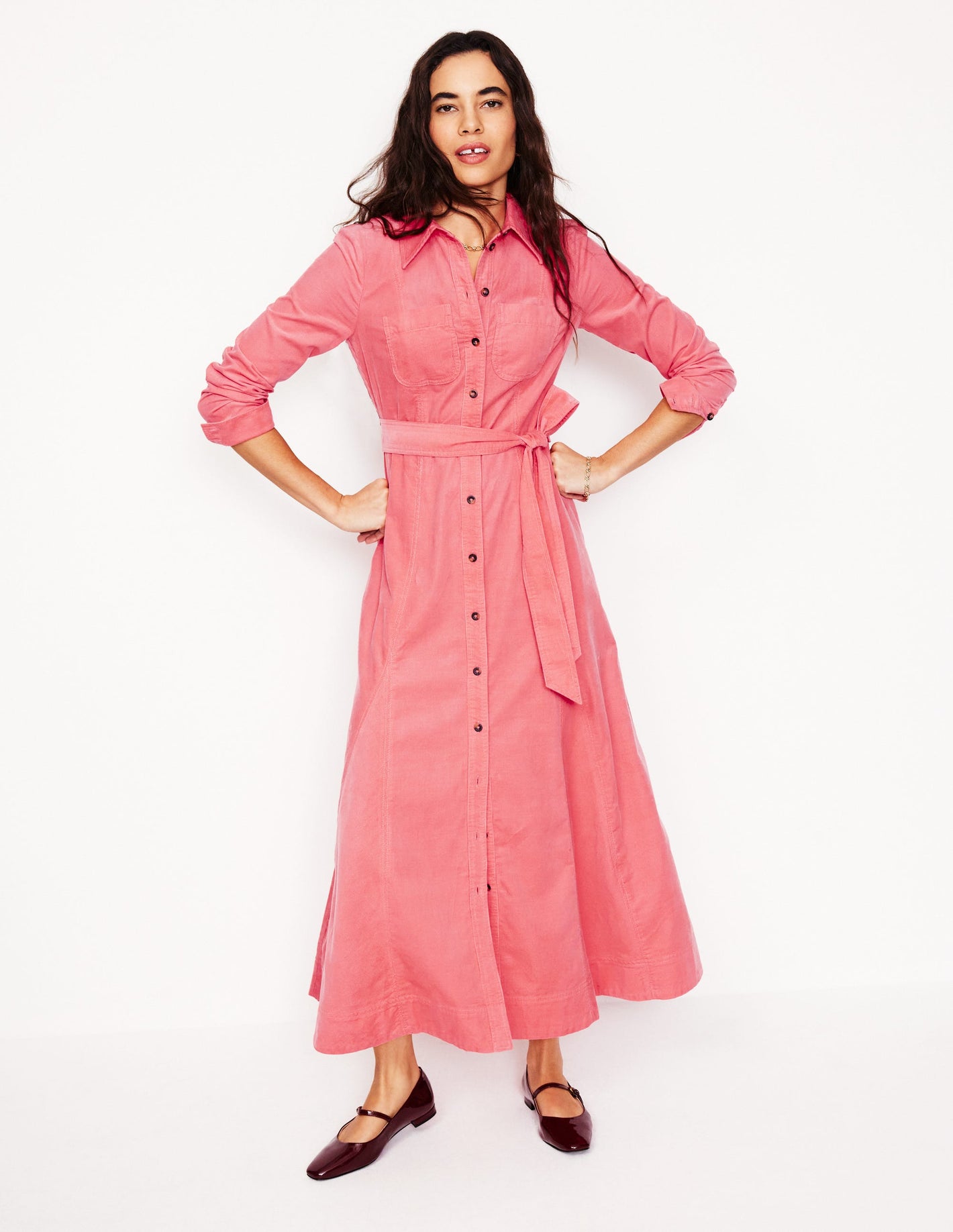 Mila Cord Midi Shirt Dress-Azalea Pink