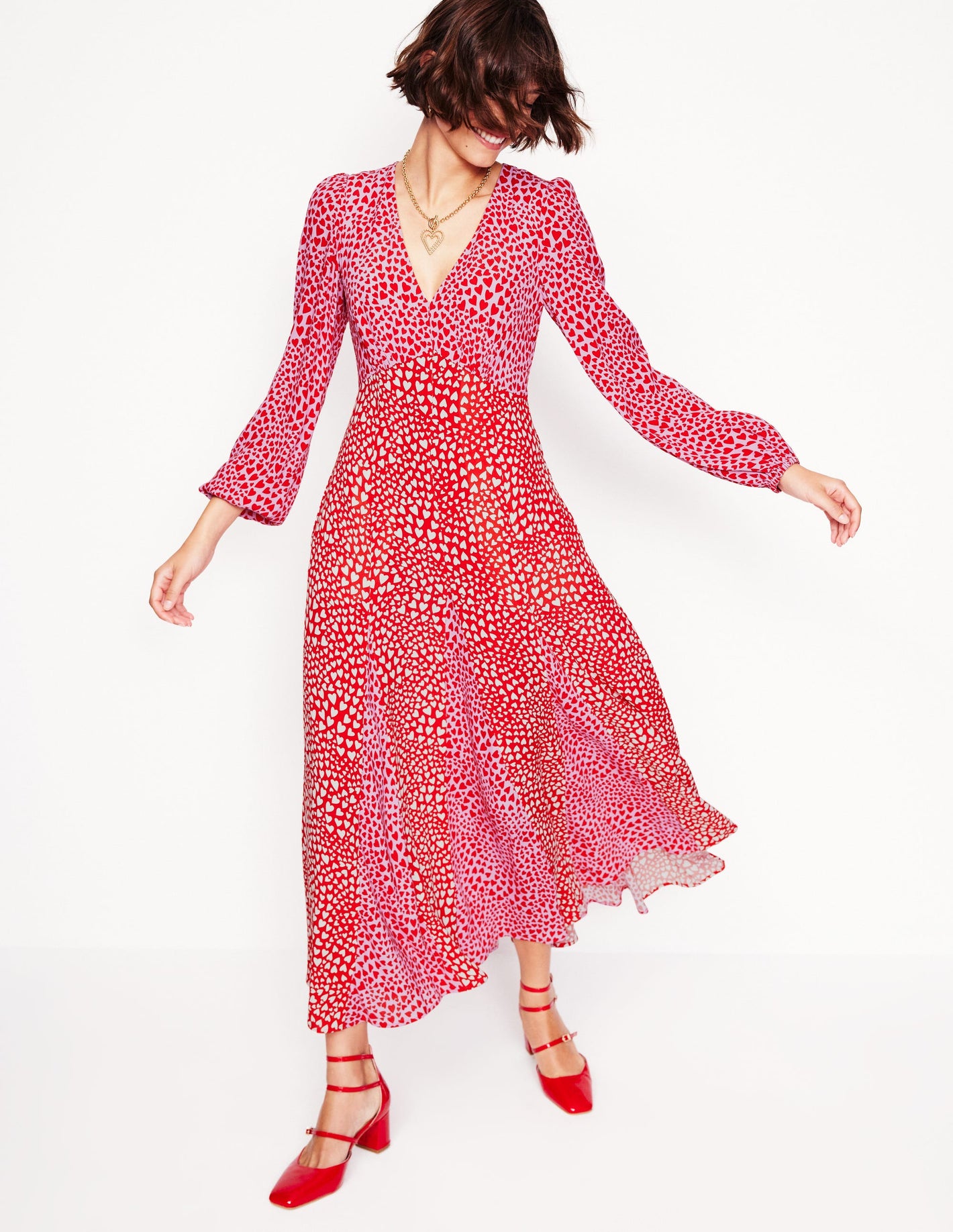 Lisa Long Sleeve Tea Dress-Pink, Heart Cluster