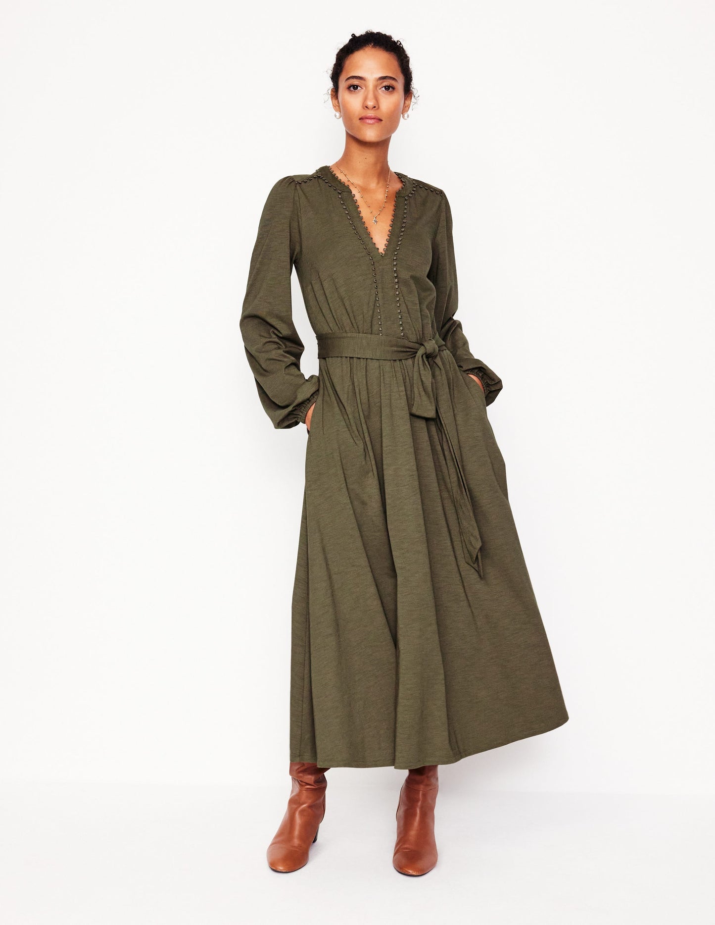 Maeve Trim Jersey Midi Dress-Classic Khaki