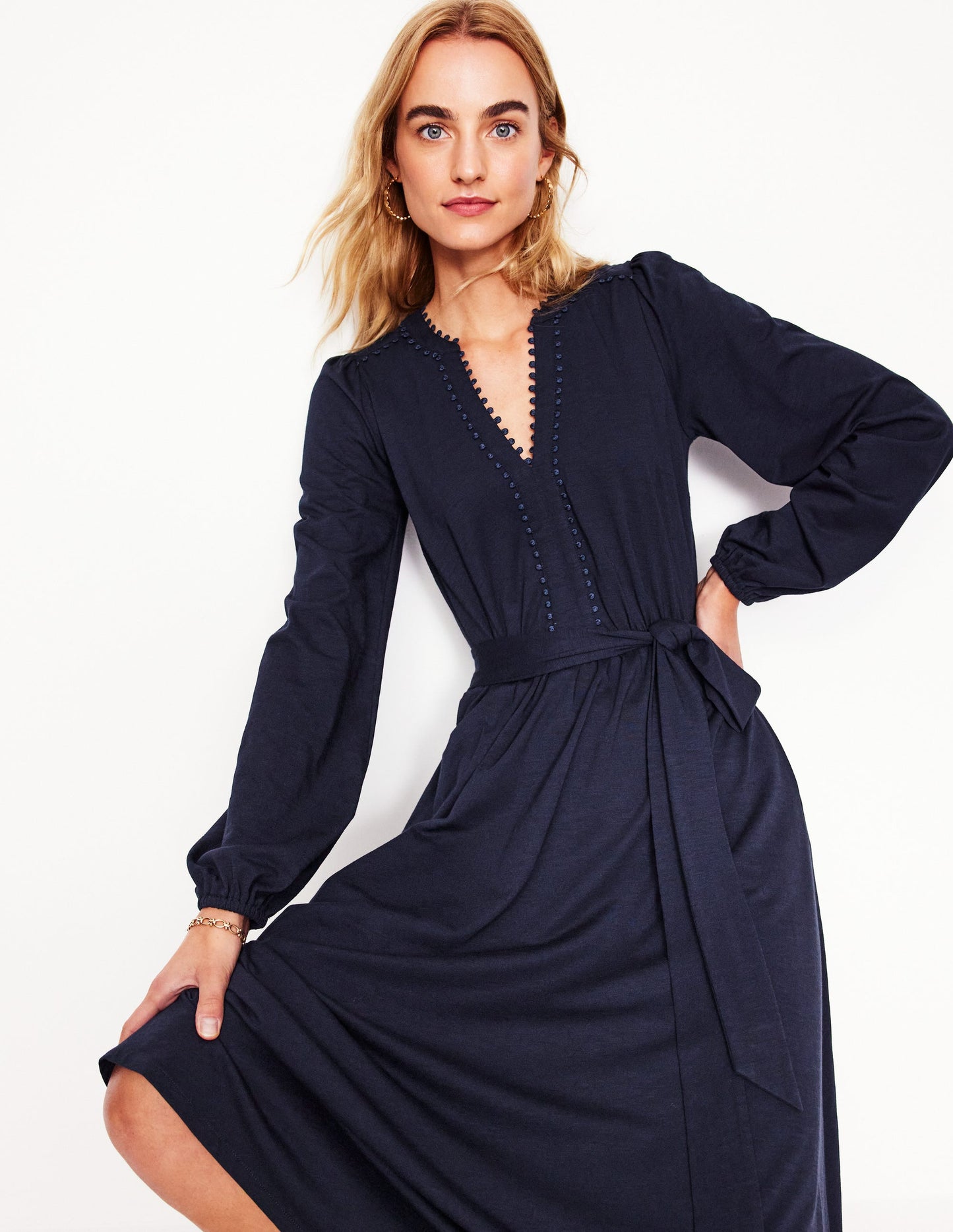 Maeve Trim Jersey Midi Dress-Navy