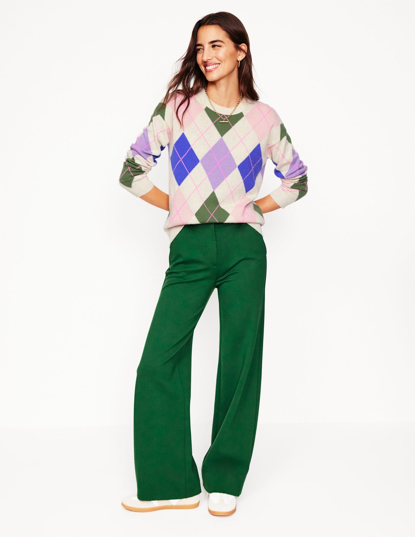 Lydia Cashmere Jumper-Green and Lilac Multi Argyle