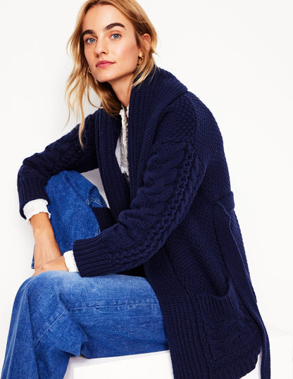 Cable Belted Cardigan-Navy