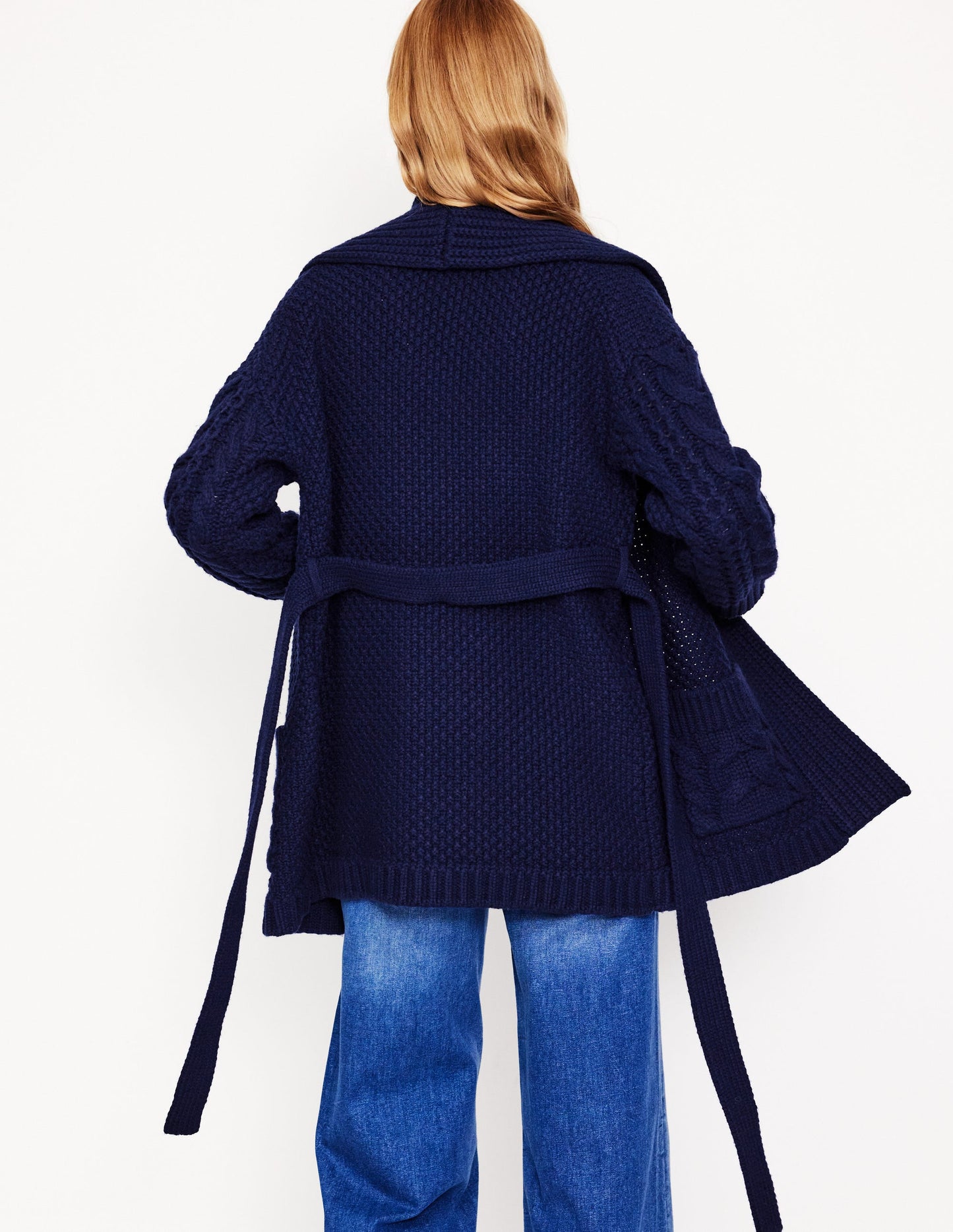 Cable Belted Cardigan-Navy