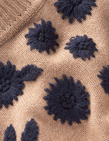 Embroidered Floral Jumper-Camel Melange