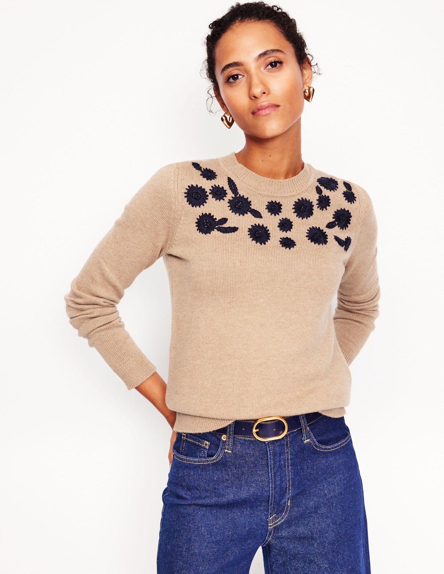 Embroidered Floral Jumper-Camel Melange