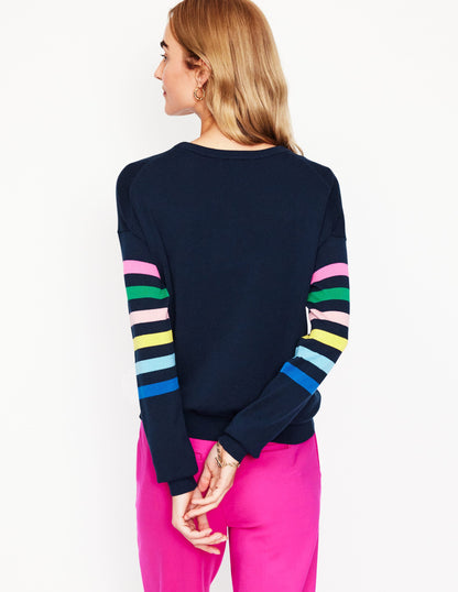 Lara Relaxed Cotton Jumper-Navy Rainbow Sleeve Stripe