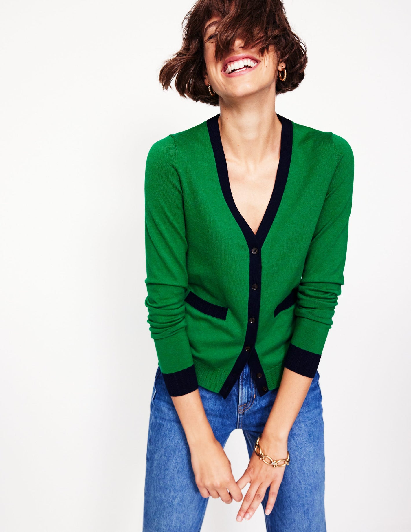 Emilia Cotton V Neck Cardigan-Rich Emerald/Navy