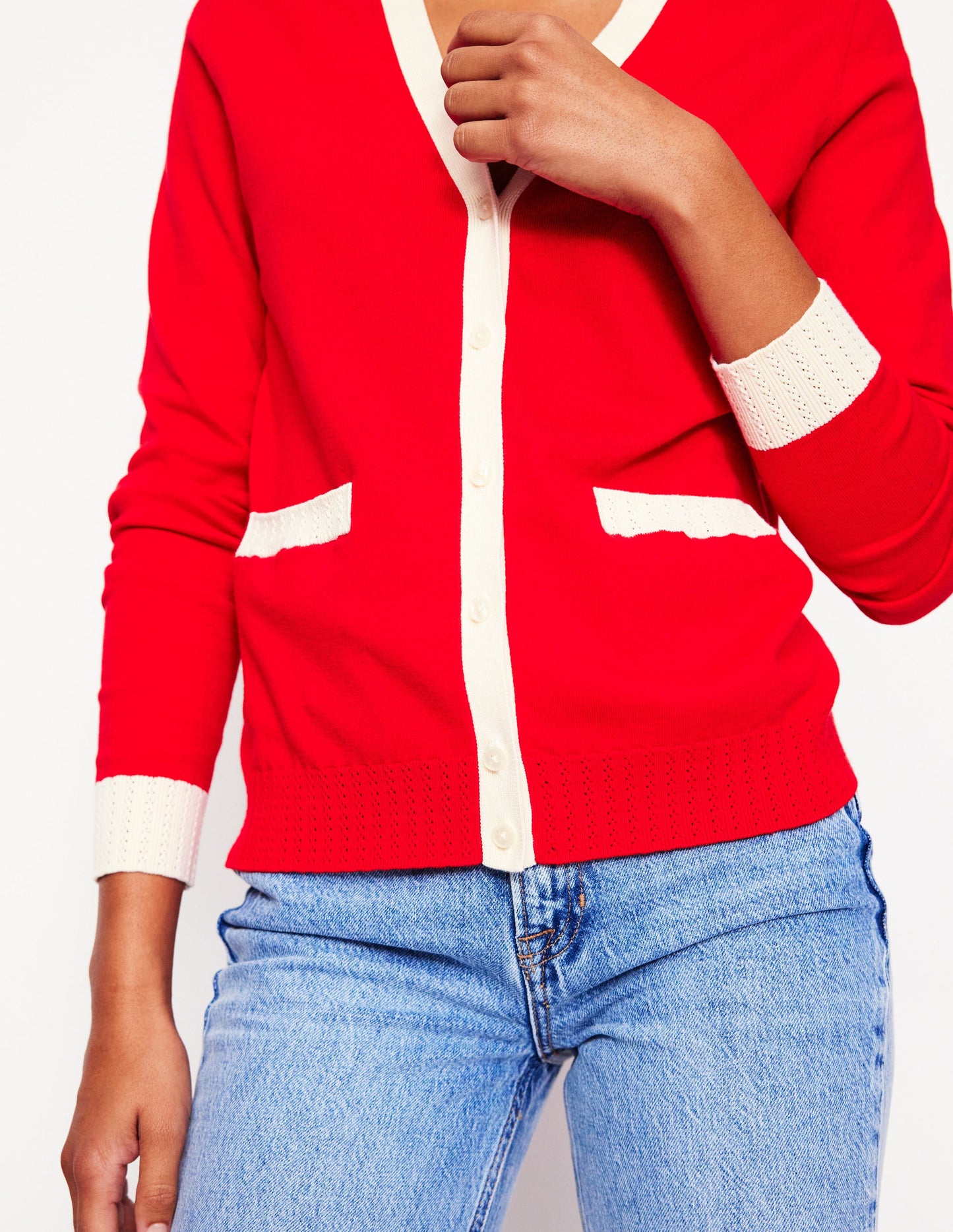 Emilia Cotton V Neck Cardigan-Poppy Red