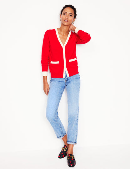 Emilia Cotton V Neck Cardigan-Poppy Red