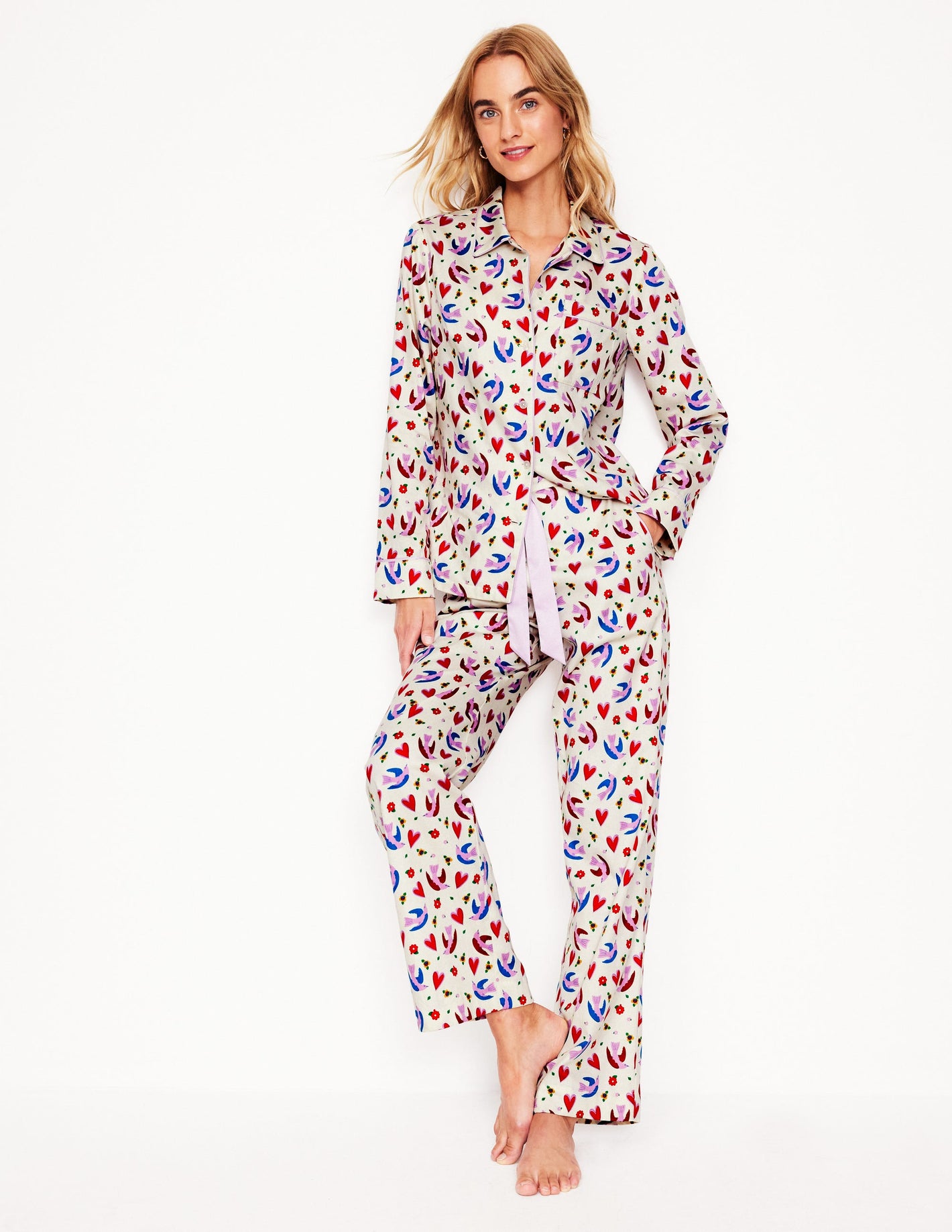 Cotton Sateen Pajama Trousers-Ivory, Heart Flutter