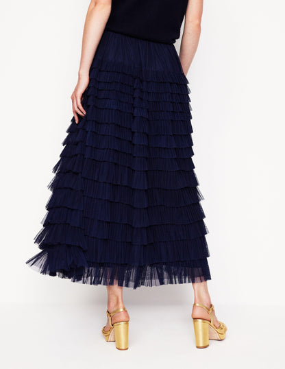 Tiered Tulle Ruffle Maxi Skirt-Navy