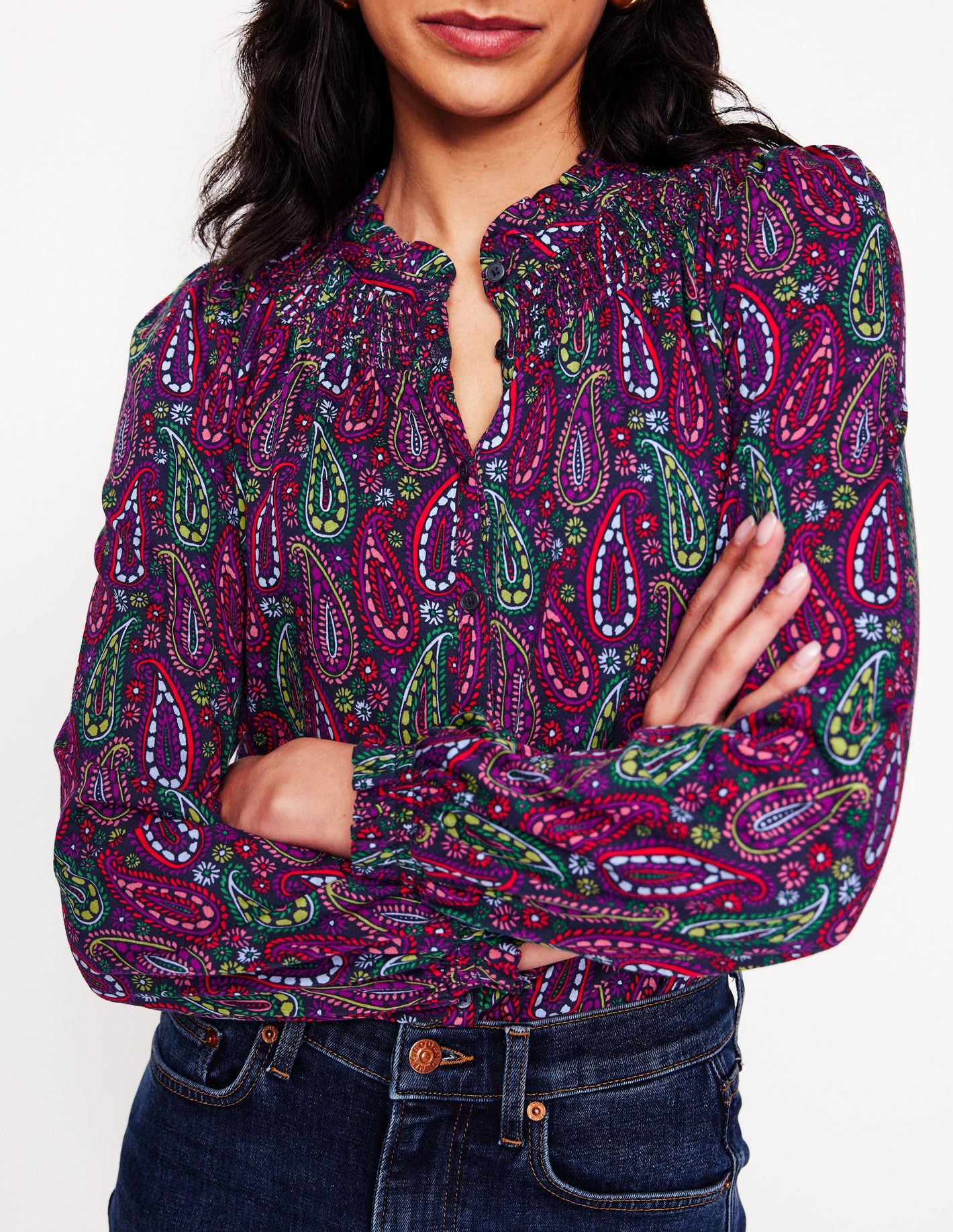 Fay Smocked Jersey Shirt-Multi, Illustrated Paisley