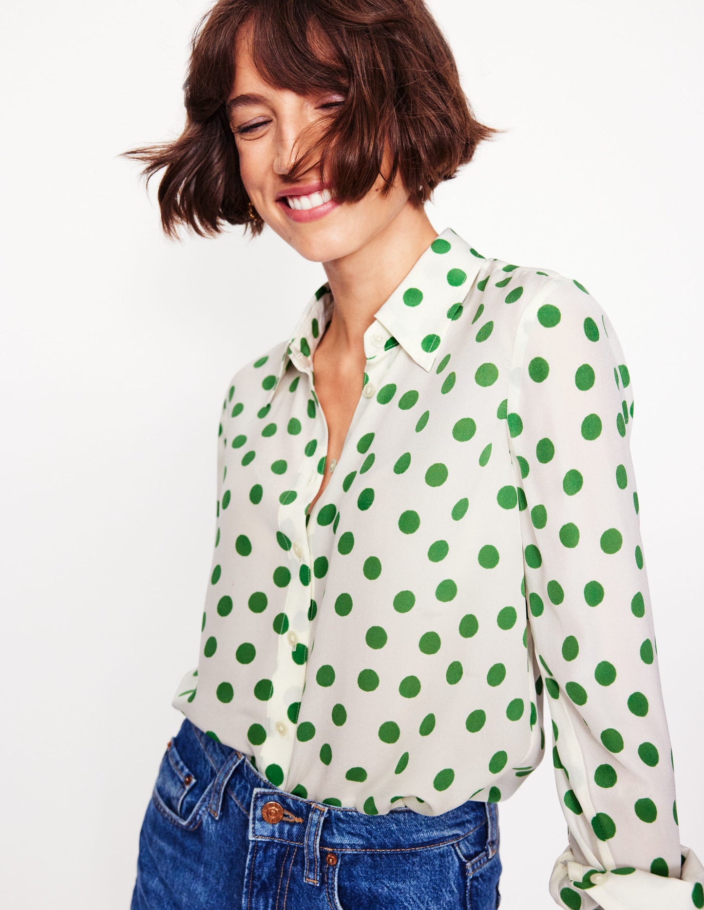 Sienna Silk Shirt-Ivory, Green Abstract Dot