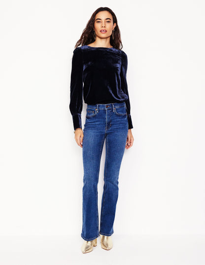 Button Back Velvet Top-Navy