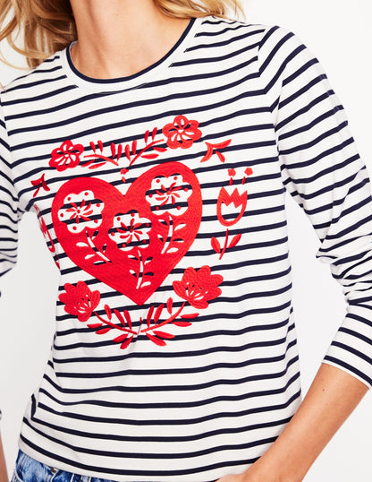 Novelty Long Sleeve Jersey Top-Ivory, Navy Heart