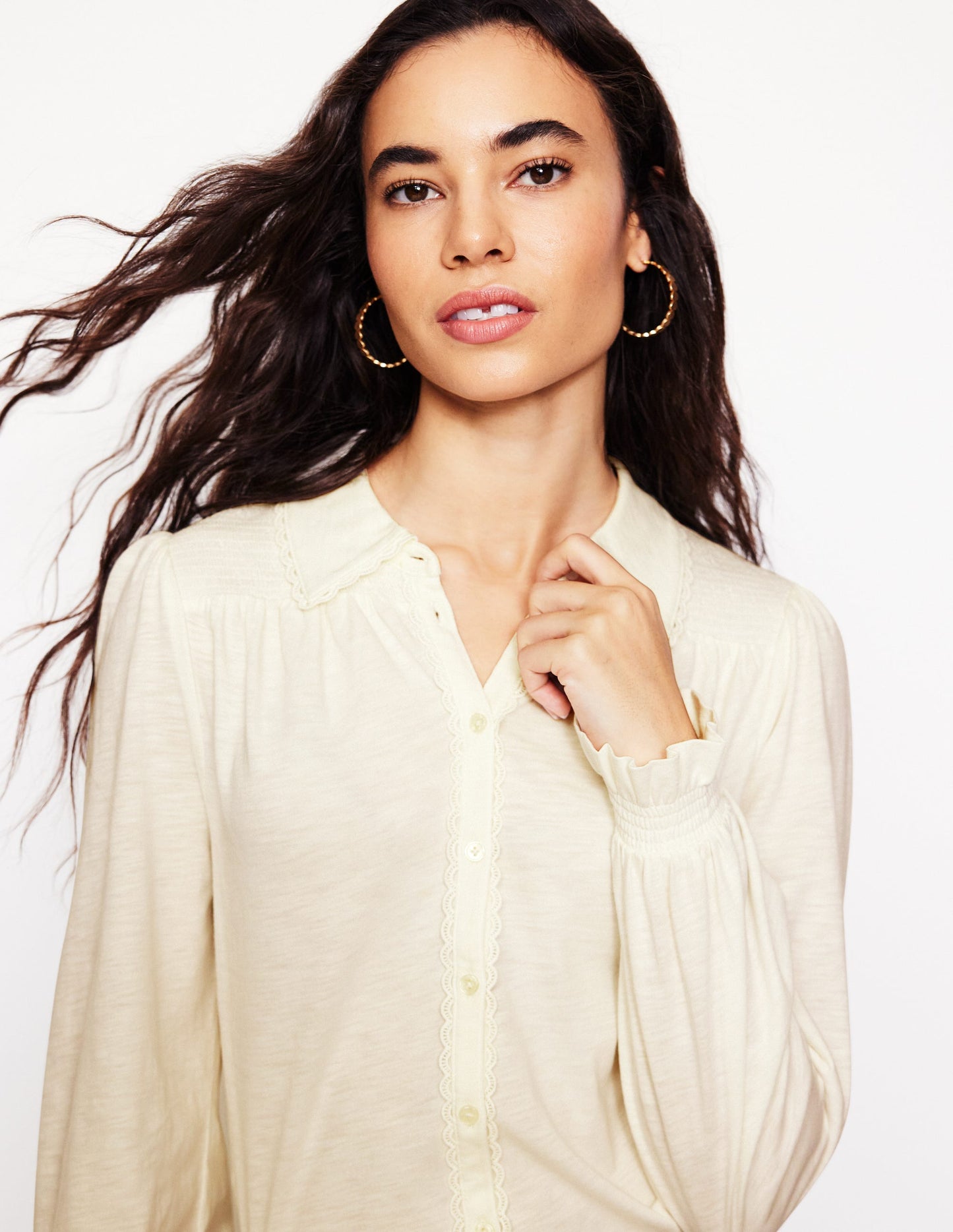 Smocked Jersey Shirt-Ivory